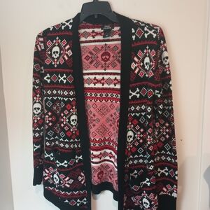 Social Collision Skull Fair Isle Cardigan Sweater Black Red White Goth Emo SM